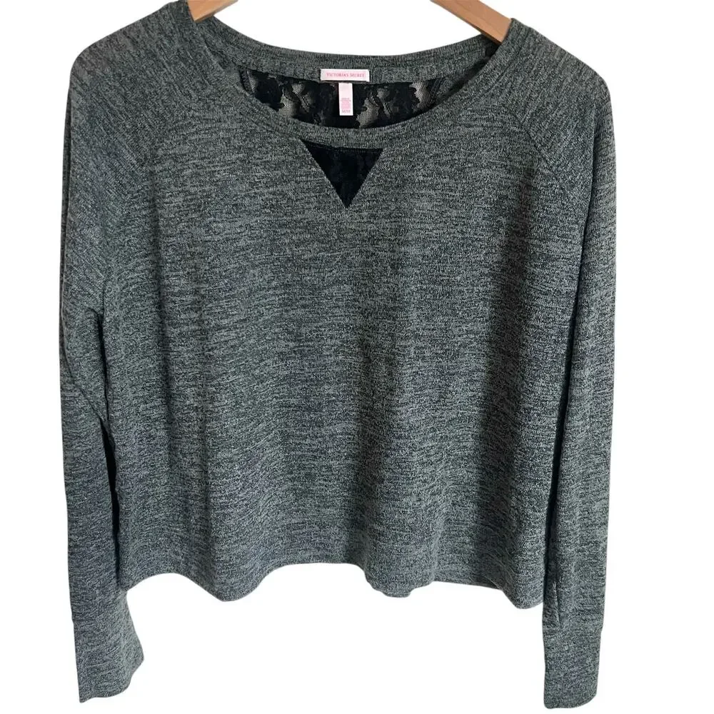 Victoria’s Secret Lounge Top Gray Black Lace Size Medium Relaxed VS Loungewear